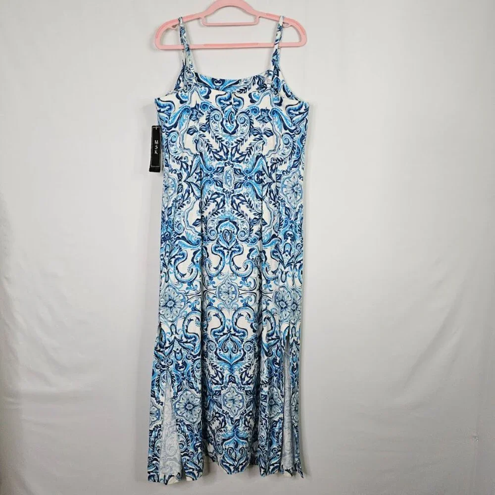 NWT MSK Linen Midi Dress SPELLBOUND BLUE & WHITE FLORAL size L 12-14 Sundress - Picture 9 of 12